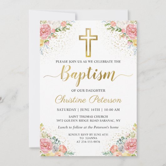 Elegant roze koraalkoraal goud glitter baptisme kaart (Voorkant)