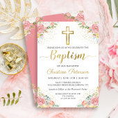Elegant roze koraalkoraal goud glitter baptisme kaart