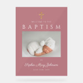 Elegant Roze Kruis Foto Meisje Dopen Welkom Acryl Bord (Voorkant)