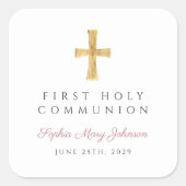 Elegant Roze Kruis Meisje Eerste Communie Vierkante Sticker (Voorkant)