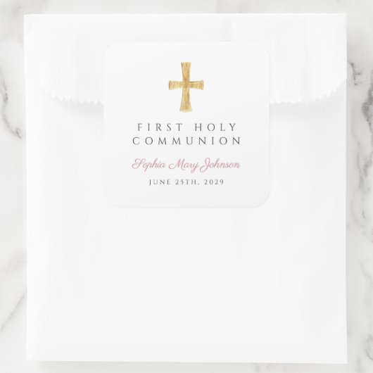 Elegant Roze Kruis Meisje Eerste Communie Vierkante Sticker (Tas)