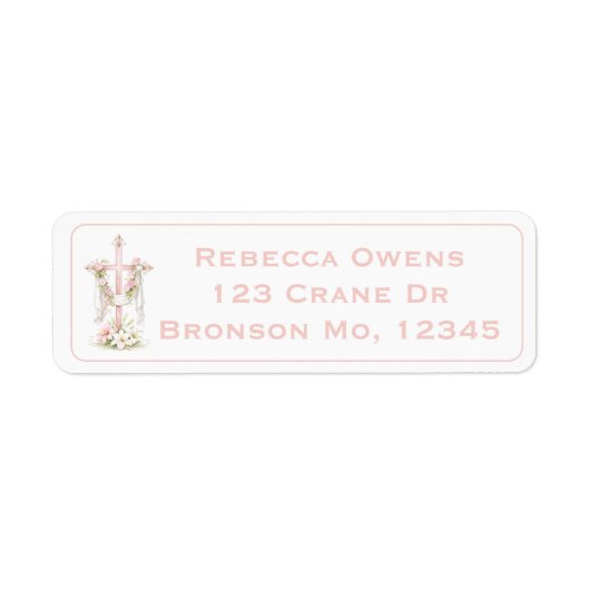 Elegant roze kruis met witte stof etiket (Voorkant)