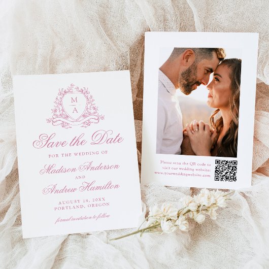 Elegant Roze Kwarts Wapenschild Monogram Foto Brui Save The Date