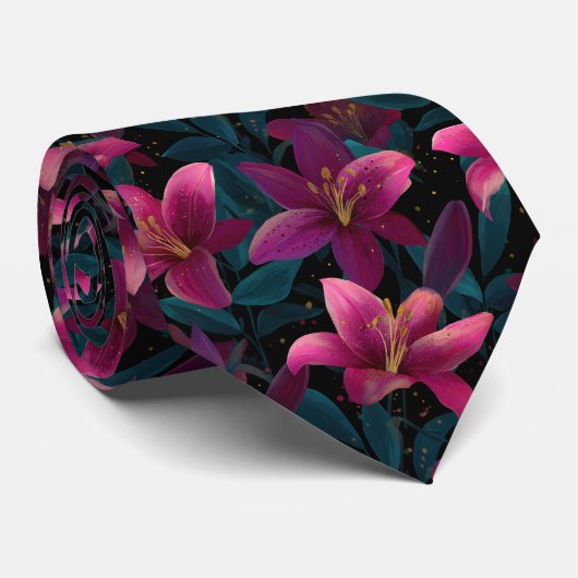 Elegant Roze Lelie Bloempatroon op Zwart Stropdas (Opgerold)