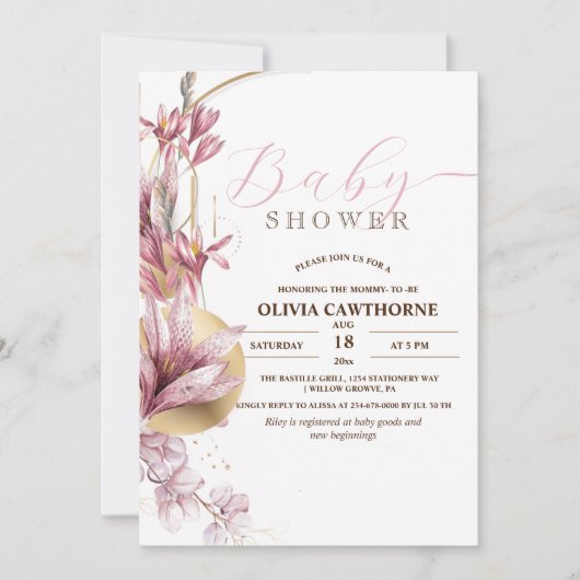 Elegant Roze Lelies Girly Baby shower Party Kaart (Voorkant)