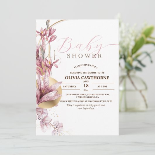 Elegant Roze Lelies Girly Baby shower Party Kaart (Staand voorkant)