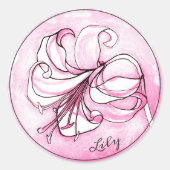 Elegant roze Lily Waterverf Gepersonaliseerde naam Ronde Sticker (Voorkant)