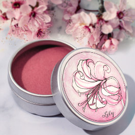 Elegant roze Lily Waterverf Gepersonaliseerde naam Ronde Sticker