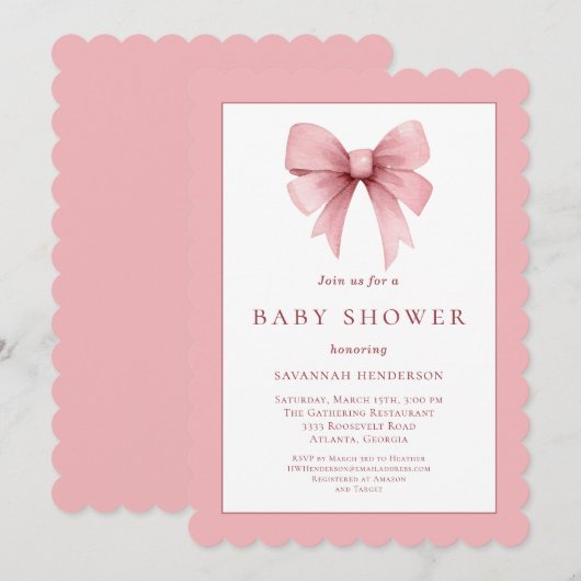 Elegant Roze Lint Bow Baby shower Kaart (Voorkant / Achterkant)