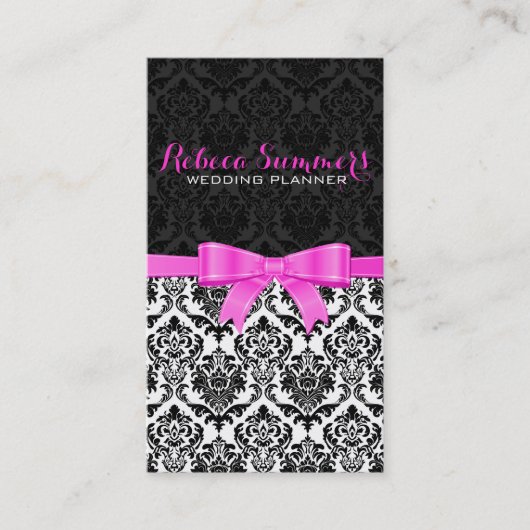 Elegant Roze Lint Zwart & Wit Damasks 2 Visitekaartje (Voorkant)