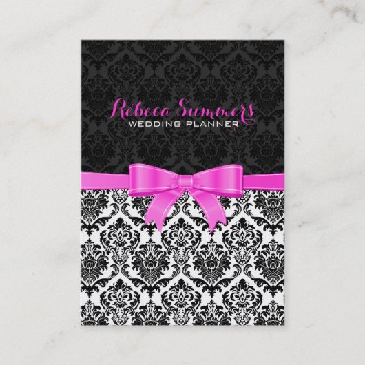 Elegant Roze Lint Zwart & Wit Damasks 2 Visitekaartje (Voorkant)