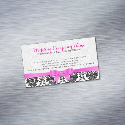 Elegant Roze Lint Zwart & Wit Damasks 2 Visitekaartje Magneet (Voorbeeld)