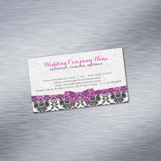 Elegant Roze Lint Zwart & Wit Damasks Visitekaartje Magneet (Voorbeeld)