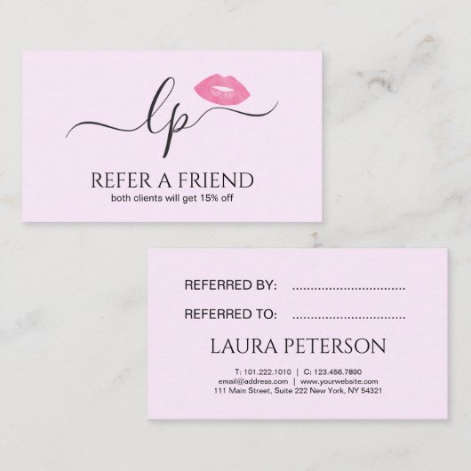 Elegant roze lippen handgeschreven script kalligra aanbevelingskaartje (Voorkant / Achterkant)