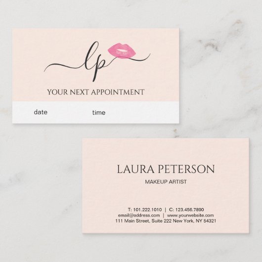 Elegant roze lippen handgeschreven script kalligra afsprakenkaartje (Voorkant / Achterkant)