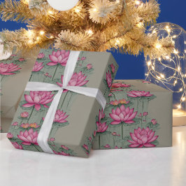 Elegant Roze Lotus Bloem Botanisch Grijs Cadeaupapier