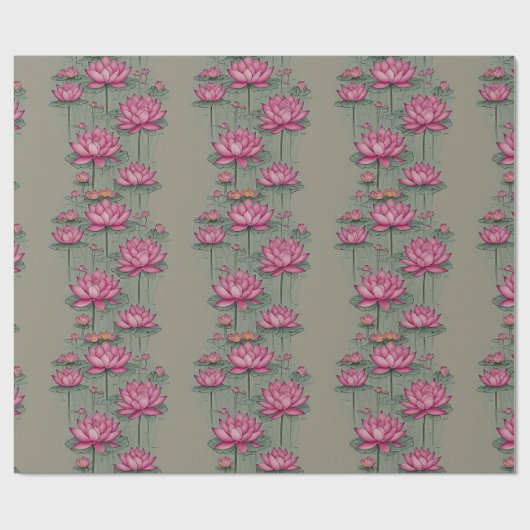 Elegant Roze Lotus Bloem Botanisch Grijs Cadeaupapier (Vlak)