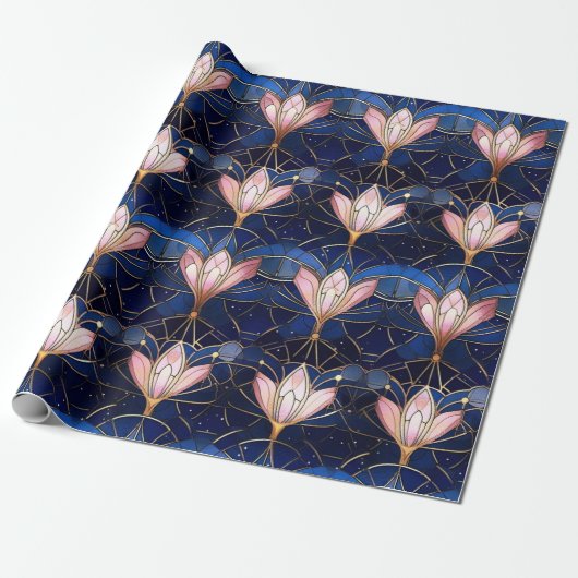 Elegant roze Lotus Faux Glas in lood Patroon Cadeaupapier (Uitgerold)