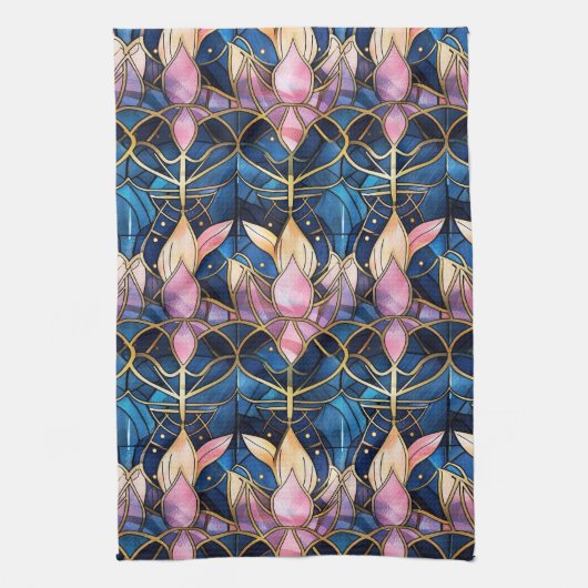 Elegant roze Lotus Faux Glas in lood Patroon Theedoek (Verticaal)