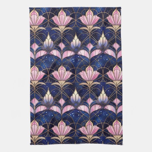 Elegant roze Lotus Faux Glas in lood Patroon Theedoek (Verticaal)