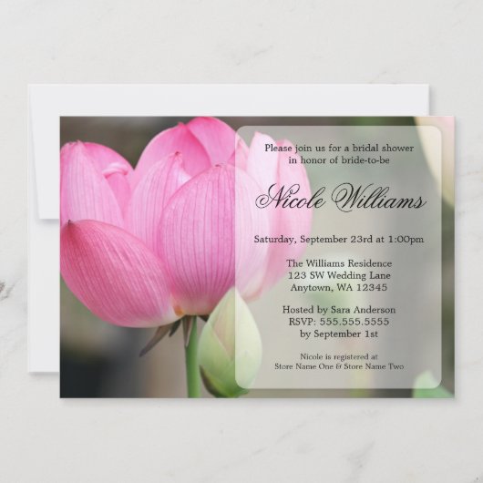 Elegant roze Lotus Flower Bridal Shower Invitation Kaart (Voorkant)