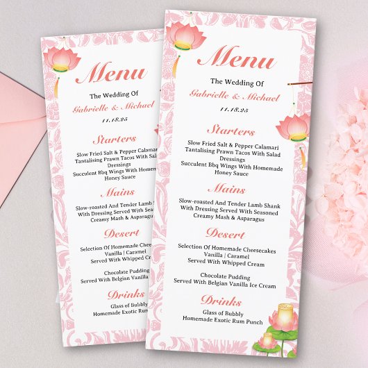 Elegant Roze Lotus Lantaarns Indiaas Bruiloft Menu