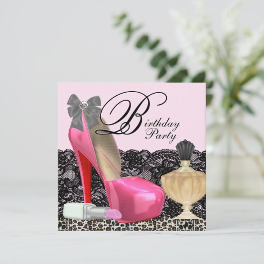 Elegant roze luipaard verjaardagsfeestje kaart (Staand voorkant)