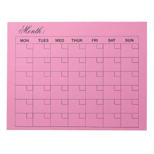 Elegant Roze Maandelijkse Kalender Planner Notitieblok (Voorkant)