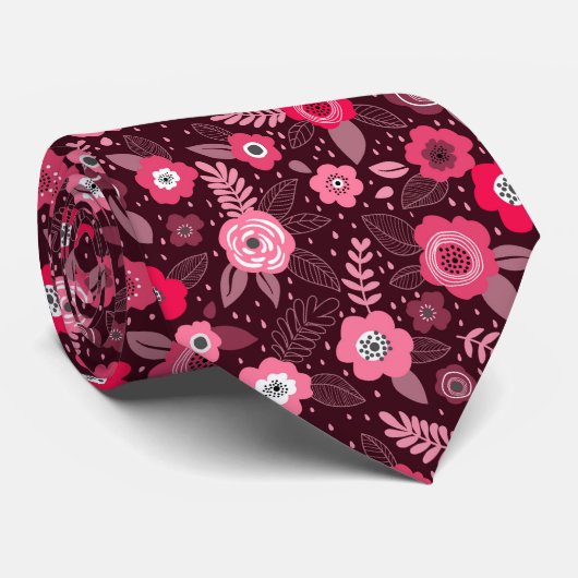 Elegant roze-magenta ditsy-bloempatroon stropdas (Opgerold)