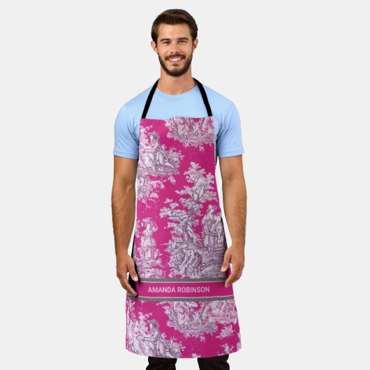 Elegant  roze magenta meer toile de jouy schort (Gedragen)