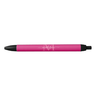 Elegant Roze Magenta Wit Monogram Script Naam Zwarte Inkt Pen