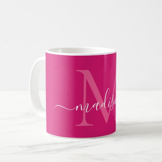 Elegant Roze Magenta Wit Monogram Script Stijlvol Koffiemok (Voorkant links)