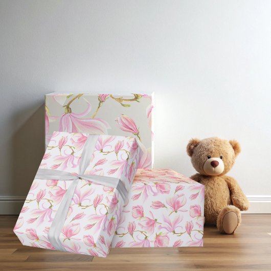 Elegant Roze Magnolia Bloem Patroon Waterverf Cadeaupapier