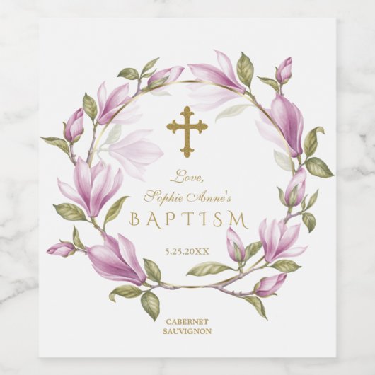Elegant roze Magnolia Flowers WreatGold Baptism Wijn Etiket (Enkel label)