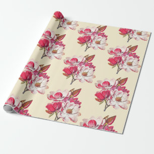 Elegant  Roze Magnolia over Beige Cadeaupapier