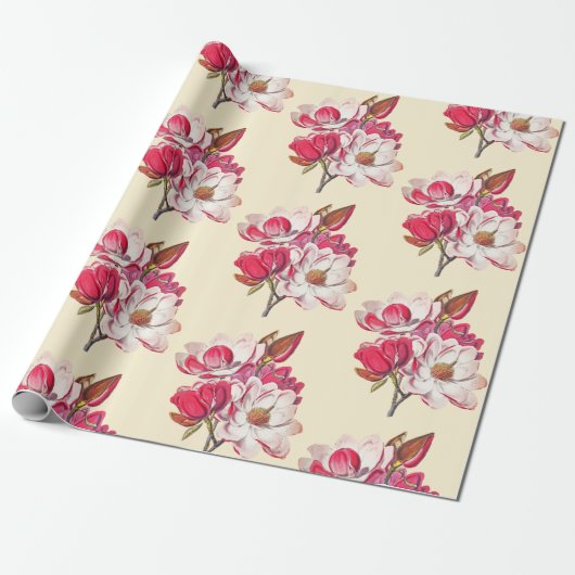 Elegant  Roze Magnolia over Beige Cadeaupapier (Uitgerold)