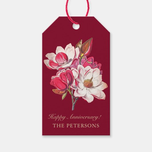 Elegant -roze Magnolia over Bourgogne Cadeaulabel (Voorkant)