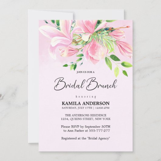 Elegant Roze Magnolia Waterverf Bruidsbrunch Kaart (Voorkant)