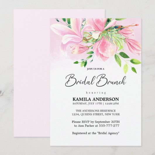 Elegant Roze Magnolia Waterverf Bruidsbrunch Kaart (Voorkant / Achterkant)