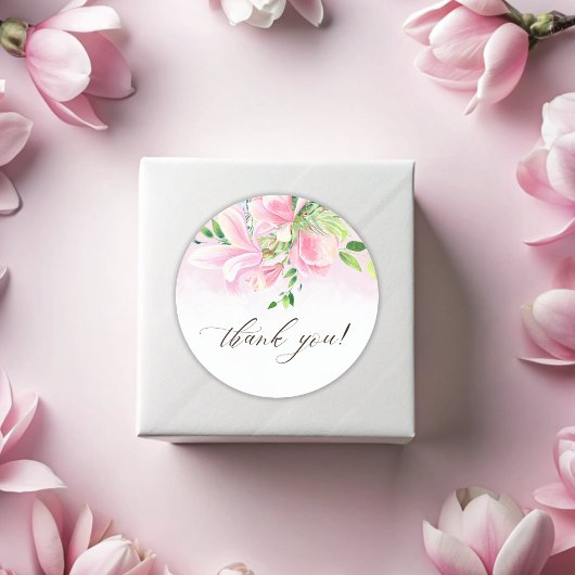 Elegant Roze Magnolia Waterverf Dank u Ronde Sticker