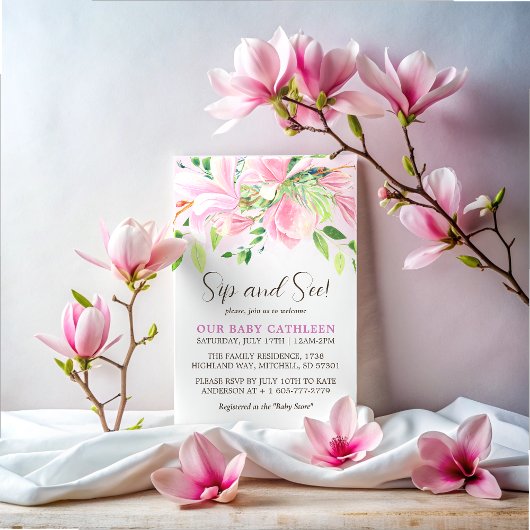 Elegant Roze Magnolia Waterverf Sip en See Kaart