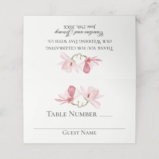 Elegant roze Magnolias Floral Wedding Table Plaatskaartje (Buitenkant ongevouwen)