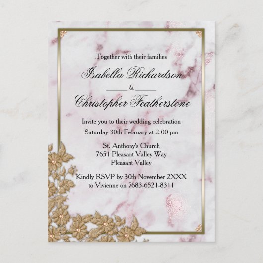 Elegant roze marmer en goudparelbruiloft briefkaart (Voorkant)