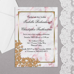 Elegant roze marmer en goudparelbruiloft briefkaart