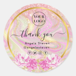 Elegant roze marmer Floral Chic Gold Glitter Ronde Sticker