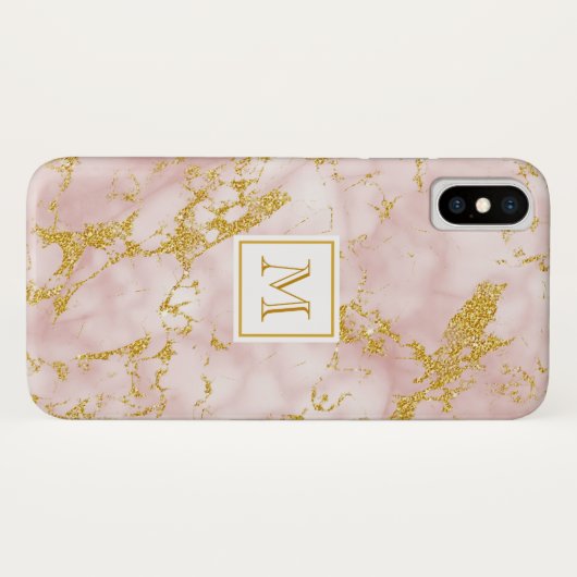 Elegant roze marmer monogram Faux Gold Glitter Case-Mate iPhone Case (Achterkant (horizontaal))