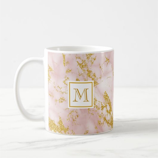 Elegant roze marmer monogram Faux Gold Glitter Koffiemok (Links)