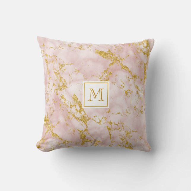 Elegant roze marmer monogram Faux Gold Glitter Kussen (Voorkant)