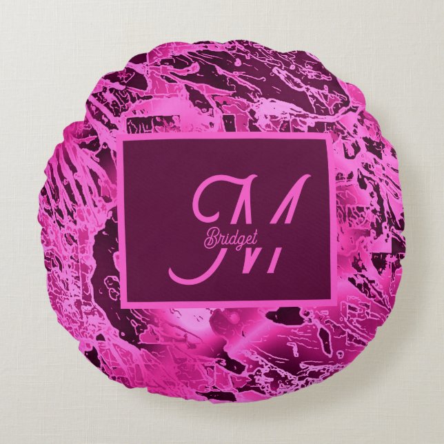Elegant Roze Marmer vet Monogram Typografie Rond Kussen (Voorkant)