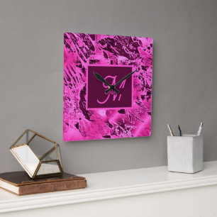 Elegant Roze Marmer vet Monogram Typografie Vierkante Klok
